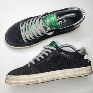 P448 Glitter Sneakers Black Lace Green Size 7.5 8